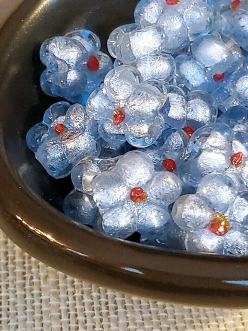 Vintage Icy Blue Handcrafted India Glass Flower Beads with Silver Foil 5 pcs - Picture 8 of 11